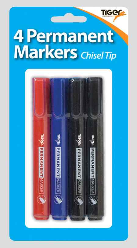 Chisel Tip 4mm Permanent Markers Blister Pack 4