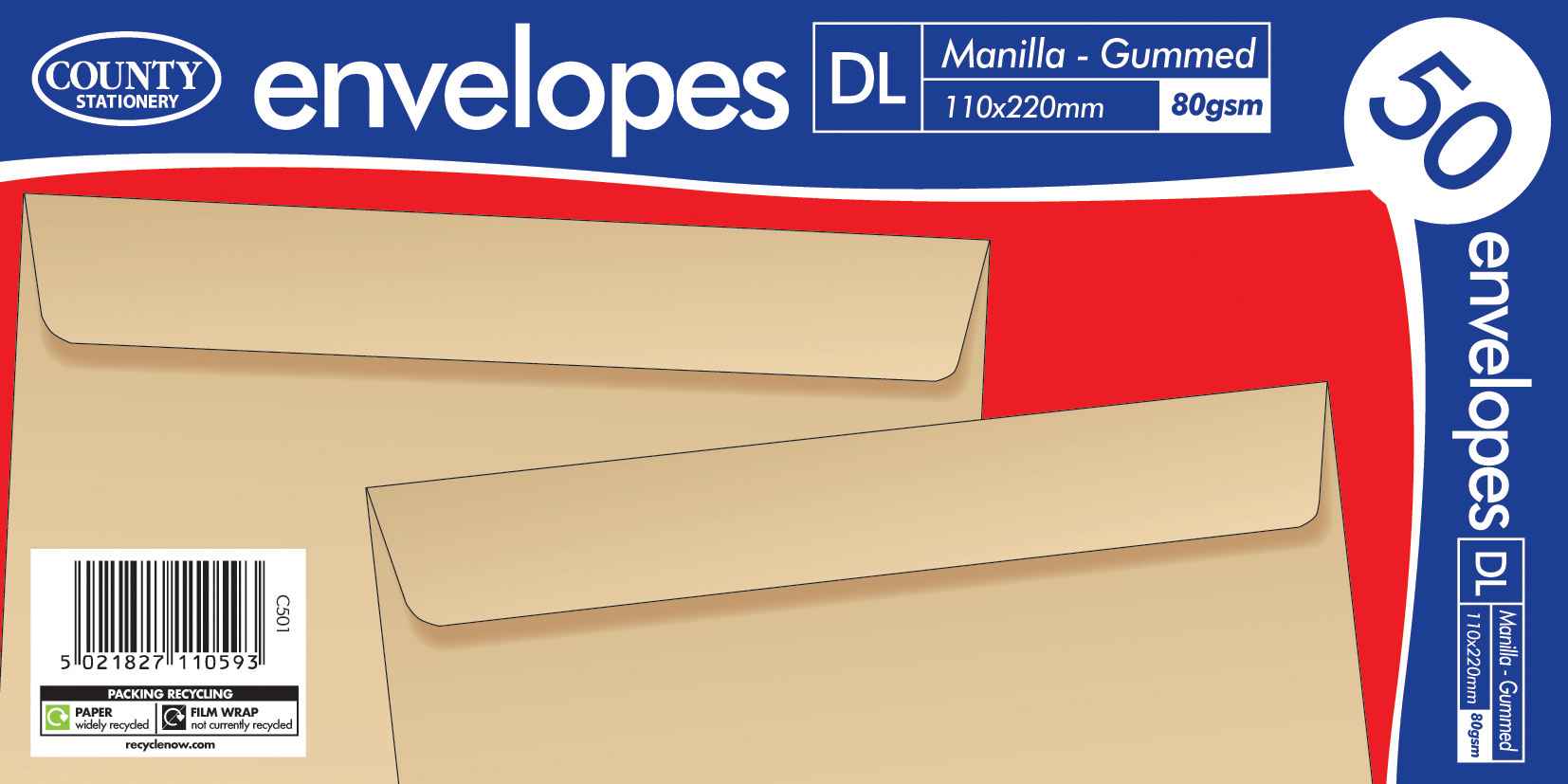 DL Manilla gummed envelopes 80gsm 50's
