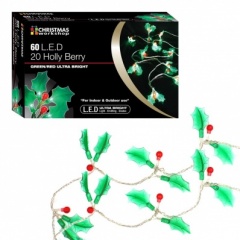 60 LED Holly Leaf & Berry Lights