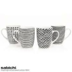 Sabichi Geo Sketch 4 Piece Black and White Porcelain Mug Set