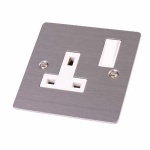 Red/Grey Flat Brushed Satin Stainless Steel 1G Switched 13a Socket SS40W