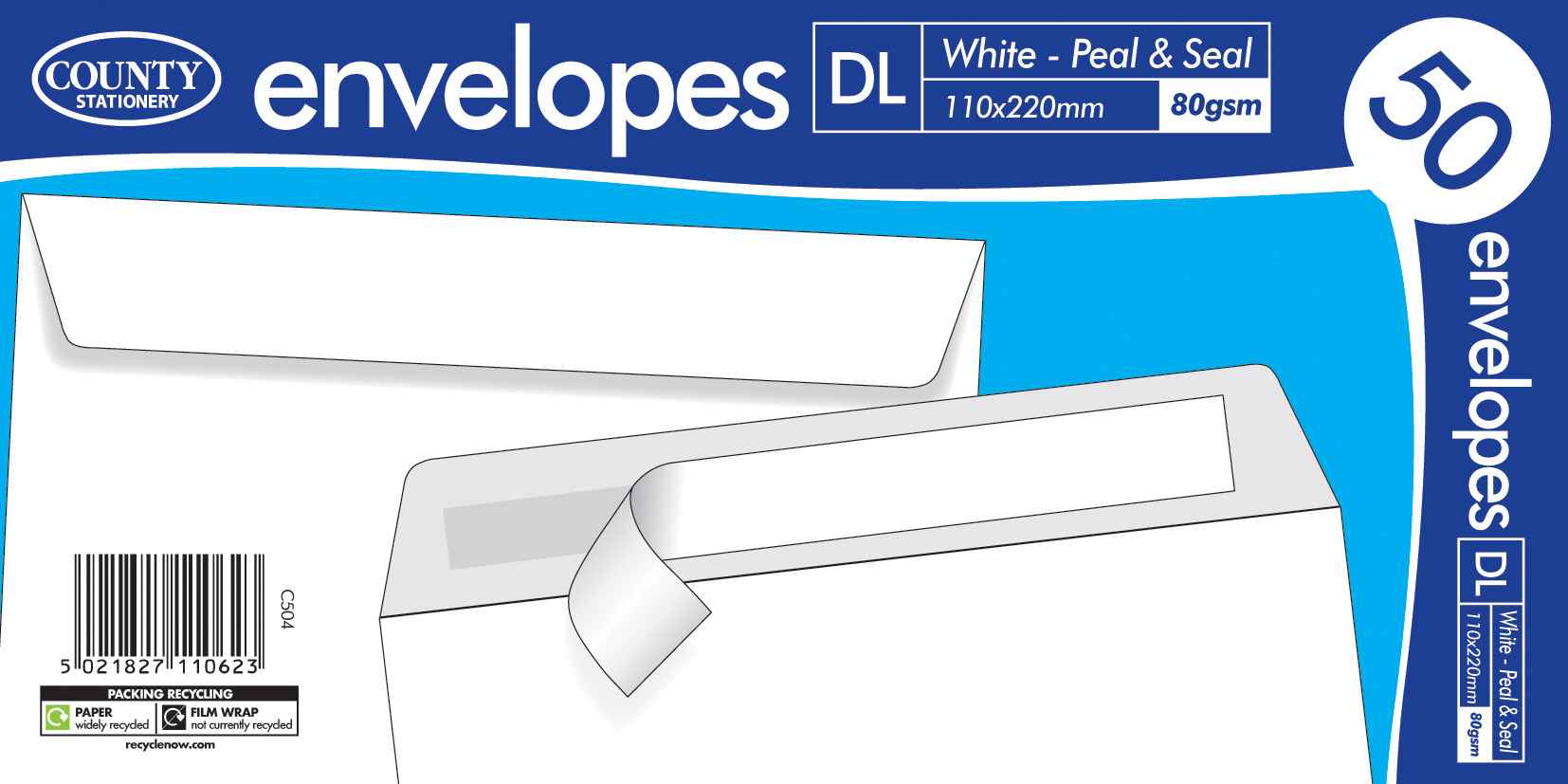 County DL White Peel & Seal Envelopes 50's- 110mm x 220mm