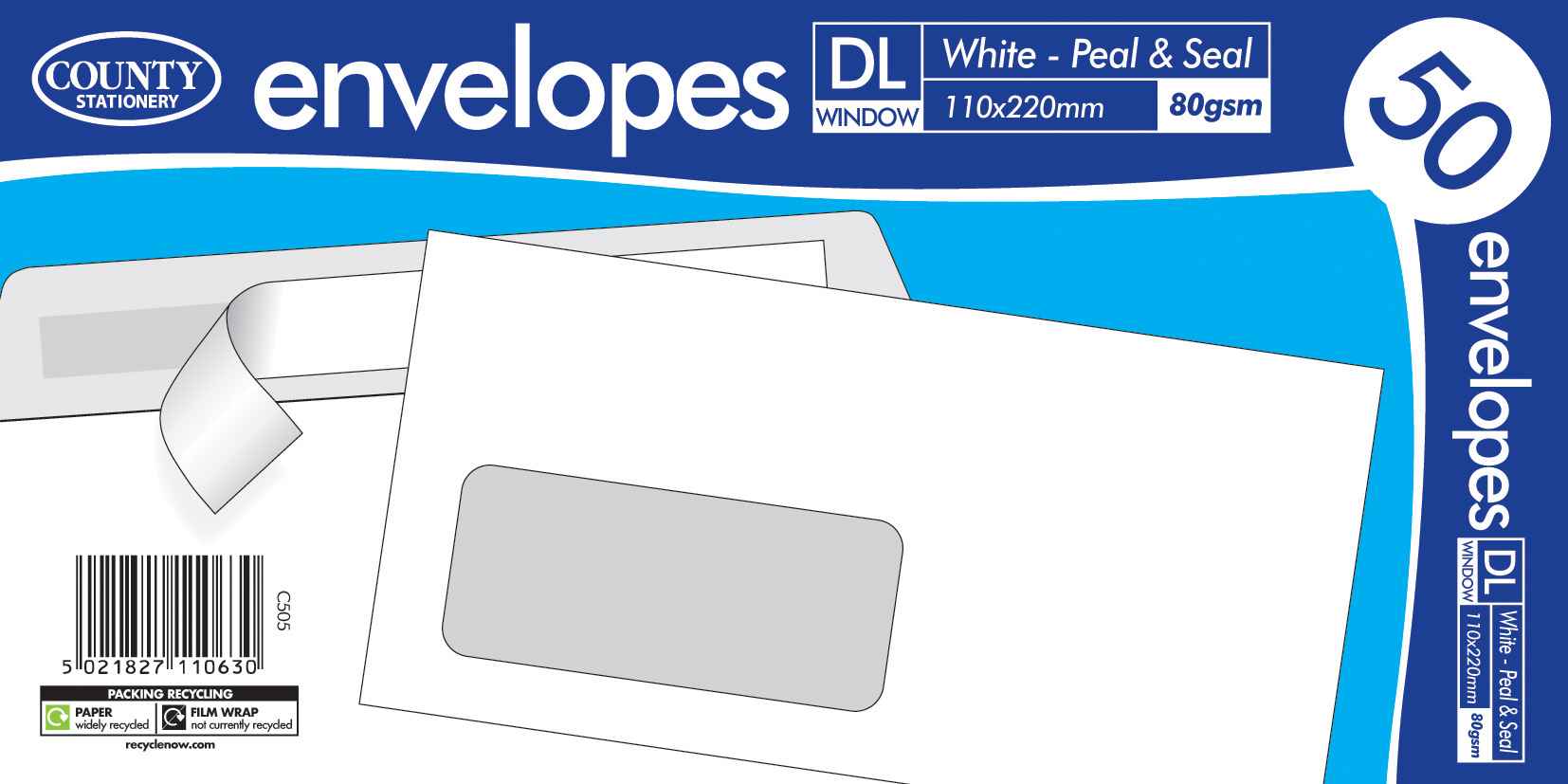 County DL White Window Peel & Seal Envelopes 50's
