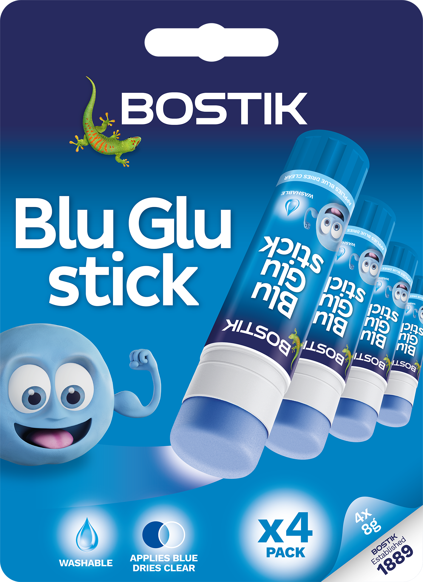 BOSTIK BLU STICK BLISTER PACK Blue - dries Clear 4 x 8g
