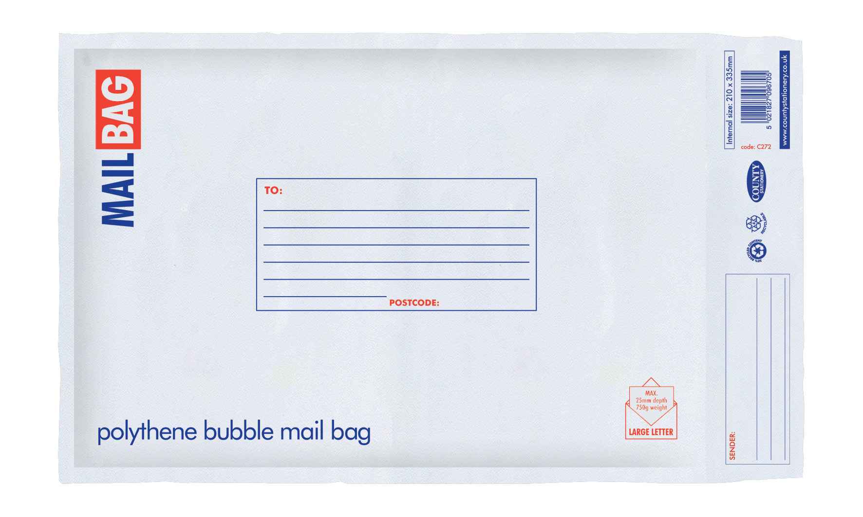 County Polythene White Bubble Bags Medium 210mm x 335mm