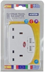 Status European Travel Adaptor - White - 2 Way - 2 x USB Charging Ports