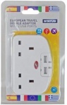 Status European Travel Adaptor - White - 2 Way - 2 x USB Charging Ports