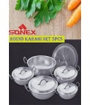 Sonex Round Karahi  5Pcs - Metal Finish Cookware 24,26.5,29,31.5,34cm With Lids